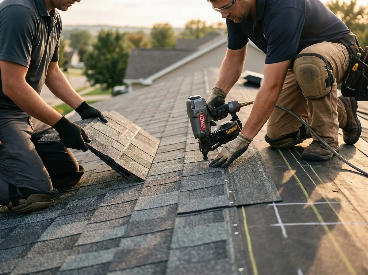Professional roofer working on a residential roof in Nashua